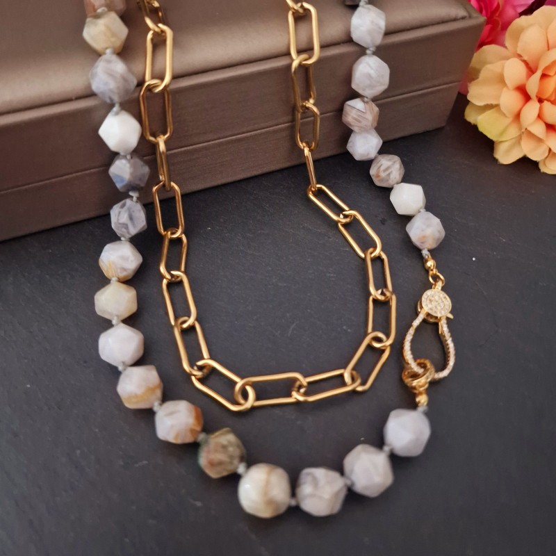Conjunto Fio Aço e Colar Pedras Semi-Preciosas Cinza e Creme Conjunto Fio Aço e Colar Pedras Semi-Preciosas Cinza e Creme