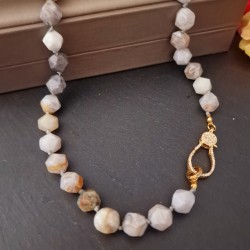 Conjunto Fio Aço e Colar Pedras Semi-Preciosas Cinza e Creme