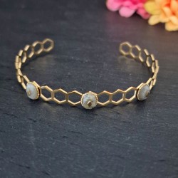 Pulseira Aço Inox Cuff Efeito Favo de Mel com Pedrinhas Labradorite - Dourada
