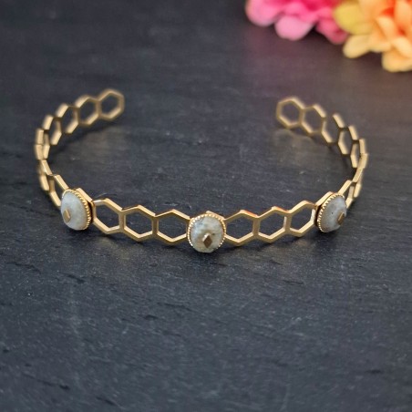 Pulseira Aço Inox Cuff Efeito Favo de Mel com Pedrinhas Labradorite - Dourada