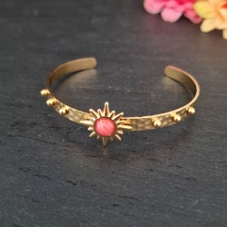 Pulseira Aço Inox Cuff Estrela com Pedra Ágata Coral - Dourada