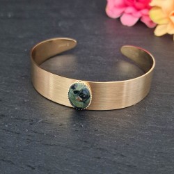 Pulseira Aço Inox Cuff Pedra Oval Labradorite - Dourada