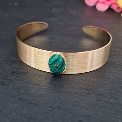 Pulseira Aço Inox Cuff Pedra Oval Malaquita - Dourada