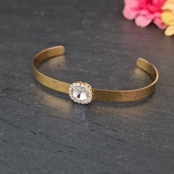 Pulseira Aço Inox Cuff Flor Cristal - Dourada