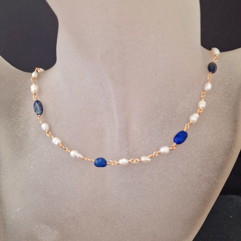Colar Pérola do Rio e Pedras Lapis Lazuli Colar Pérola do Rio e Pedras Lapis Lazuli