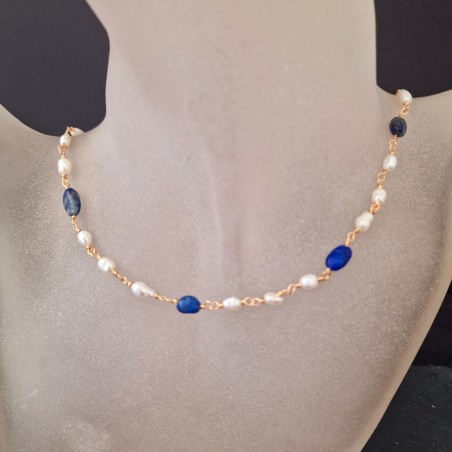 Colar Pérola do Rio e Pedras Lapis Lazuli