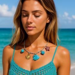 Fio de Algodão com Motivos Verão - Azul Mar