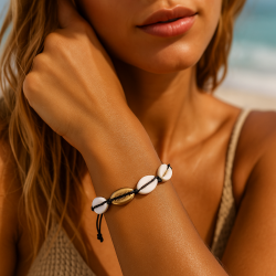 Pulseira Buzios com Buzio Central Dourado e Fecho Ajustável Macramé - Preto