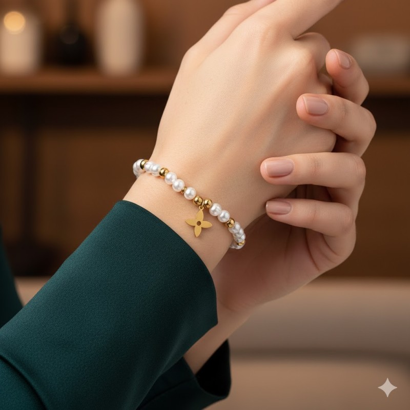 Pulseira Aço Inox Elástica Pérolas e Flor - Dourada