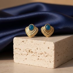 Brincos Aço Inox com Pedra Oval Azul - Dourado