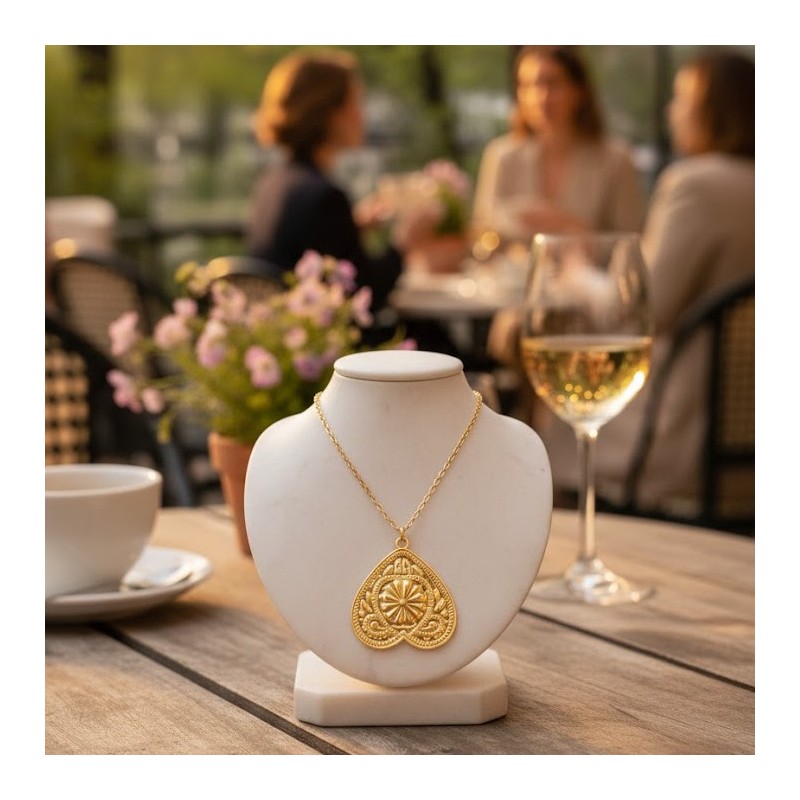 Colar Aço Inox Coração Invertido Flor - Dourado