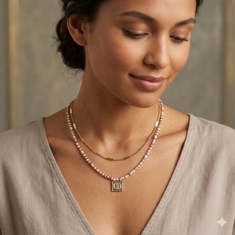 Conjunto de 2 Fios Aço e Missanga Mix Color Creme - Dourado