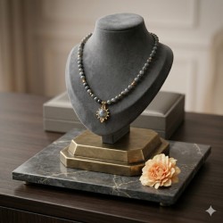 Colar Pedras Obsidianas com Hematites - Dourado