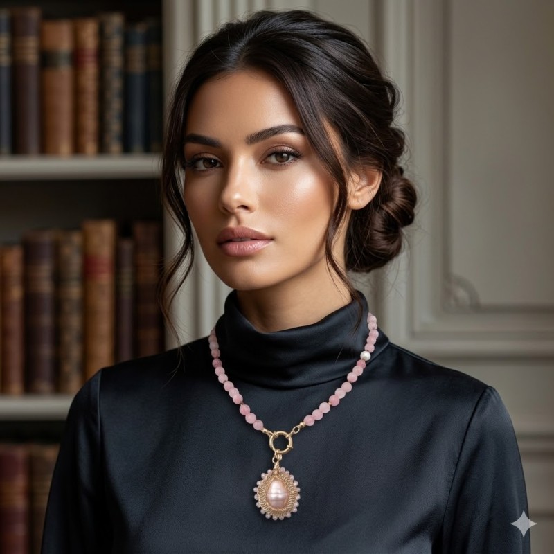 Colar Pedras Quartzo Rosa com Pérola Rosa Trabalhada - Dourado