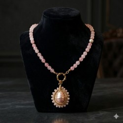 Colar Pedras Quartzo Rosa com Pérola Rosa Trabalhada - Dourado